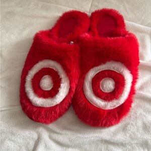 Target Red and White Fuzzy Slip-On Logo Slippers